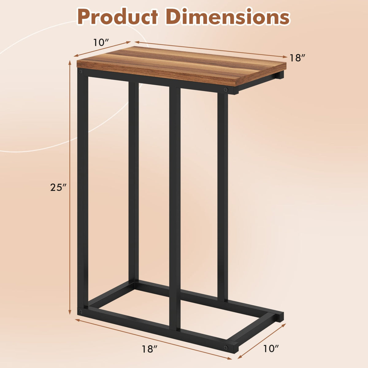 C-Shaped End Table Small Side Table with Sturdy Metal Frame-Walnut-End & Side Tables-DECOROLALA