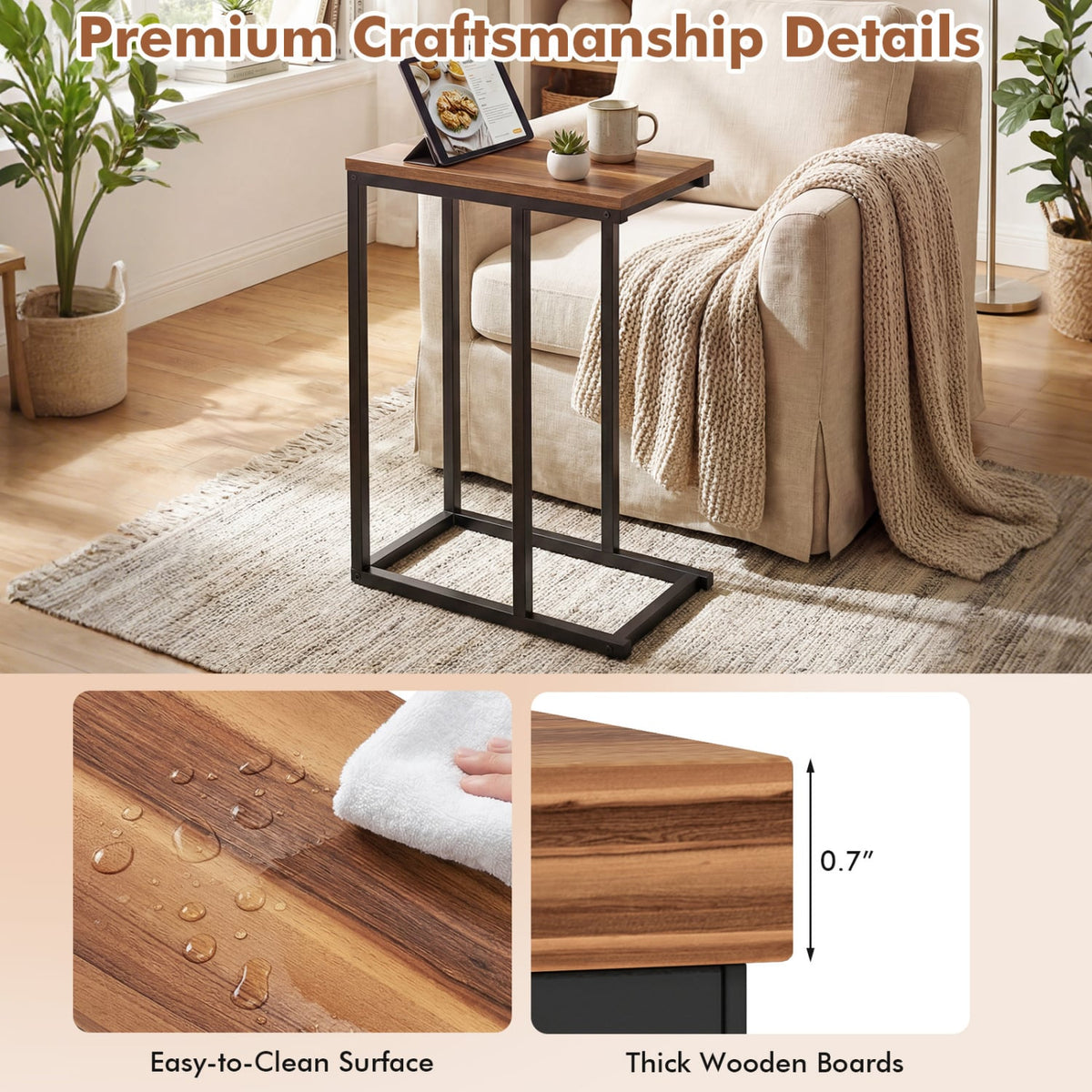 C-Shaped End Table Small Side Table with Sturdy Metal Frame-Walnut-End & Side Tables-DECOROLALA
