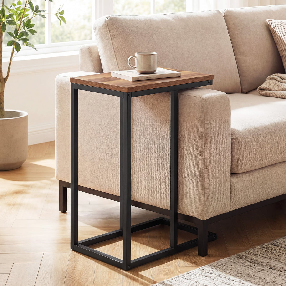 C-Shaped End Table Small Side Table with Sturdy Metal Frame-Walnut-End & Side Tables-DECOROLALA