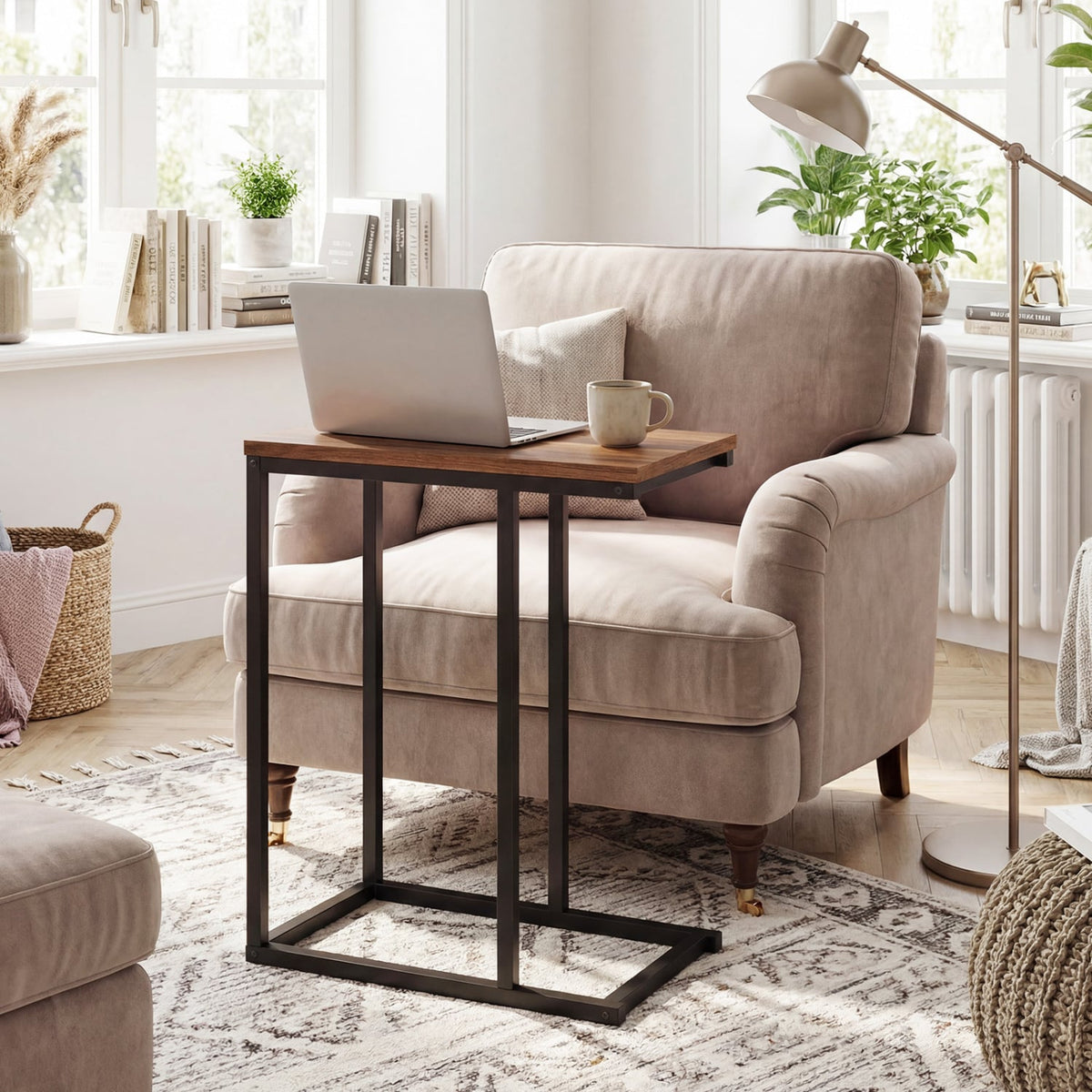 C-Shaped End Table Small Side Table with Sturdy Metal Frame-Walnut-End & Side Tables-DECOROLALA