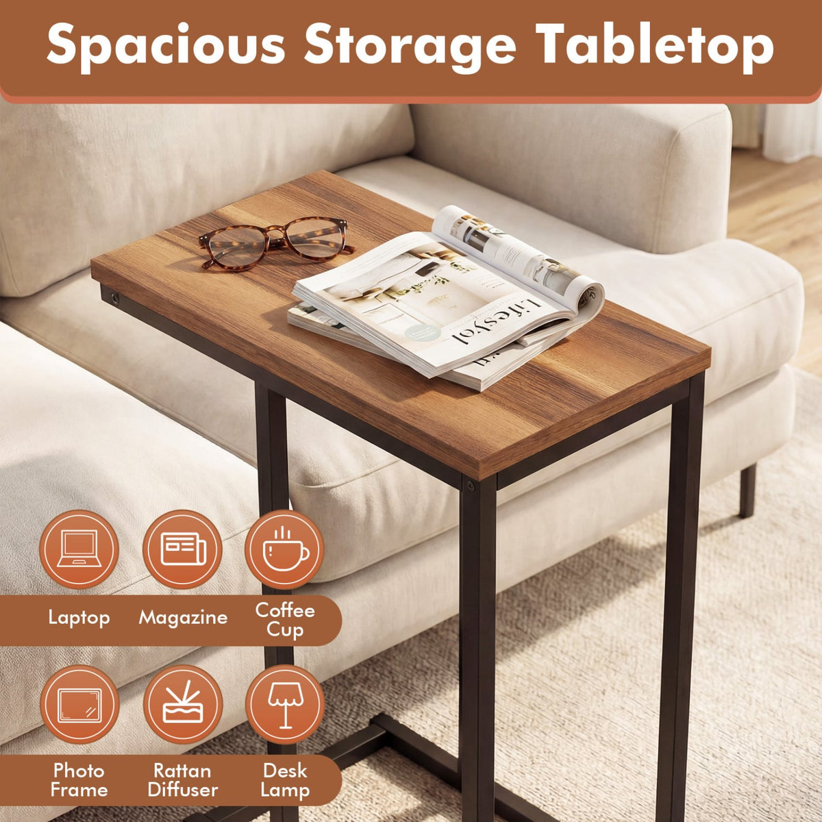 C-Shaped End Table Small Side Table with Sturdy Metal Frame-Walnut-End & Side Tables-DECOROLALA
