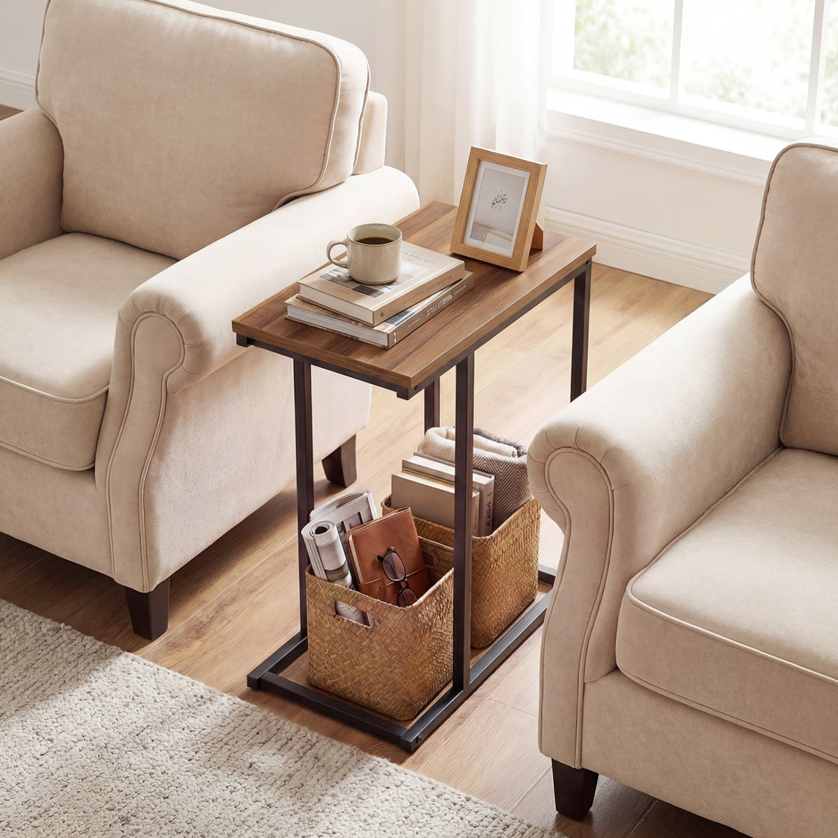 C-Shaped End Table Small Side Table with Sturdy Metal Frame-Walnut-End & Side Tables-DECOROLALA