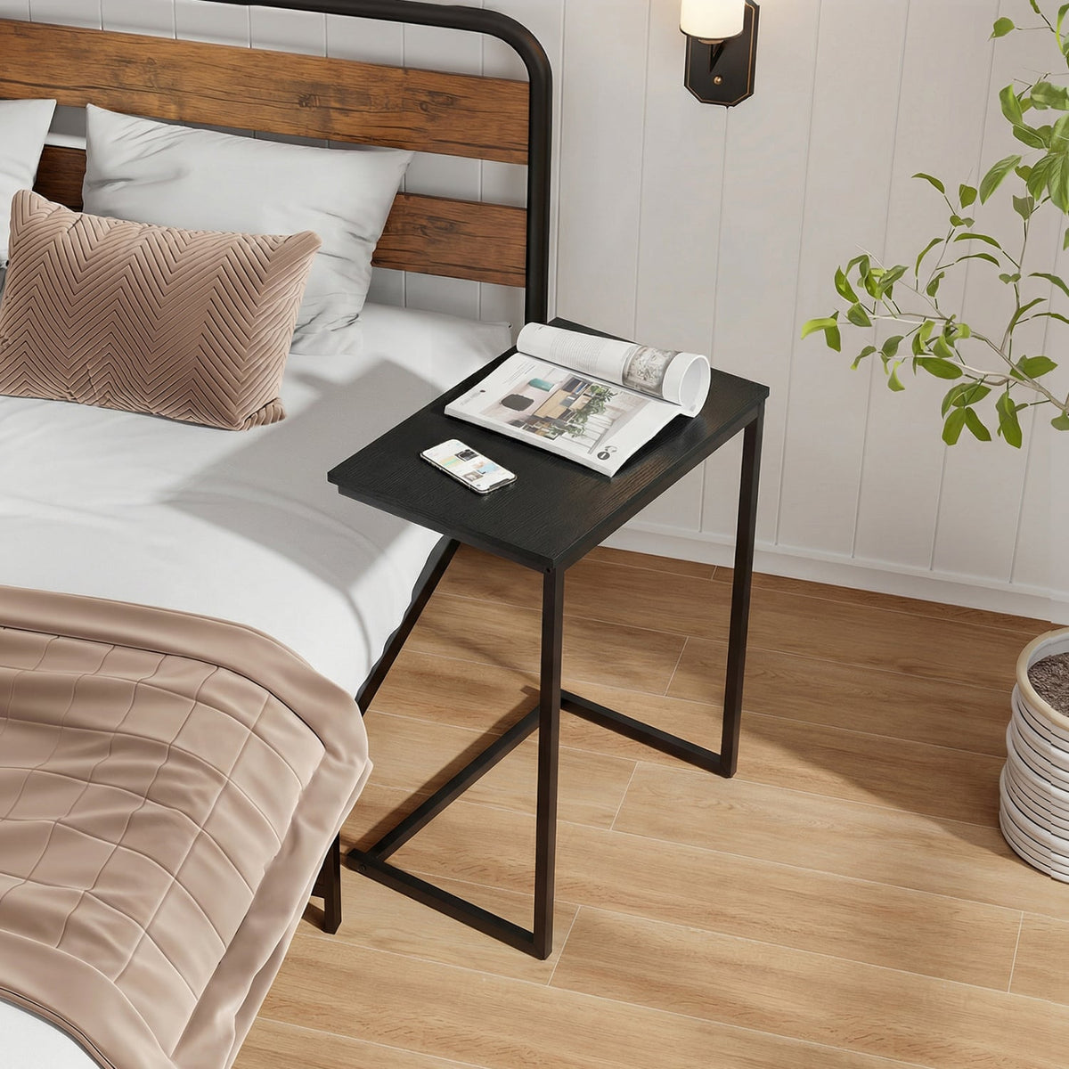 C-Shaped Side Table Sofa Snack End Table with Metal Frame-Black-End & Side Tables-DECOROLALA