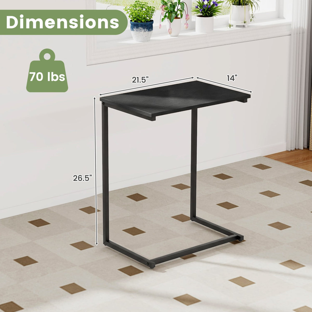C-Shaped Side Table Sofa Snack End Table with Metal Frame-Black-End & Side Tables-DECOROLALA