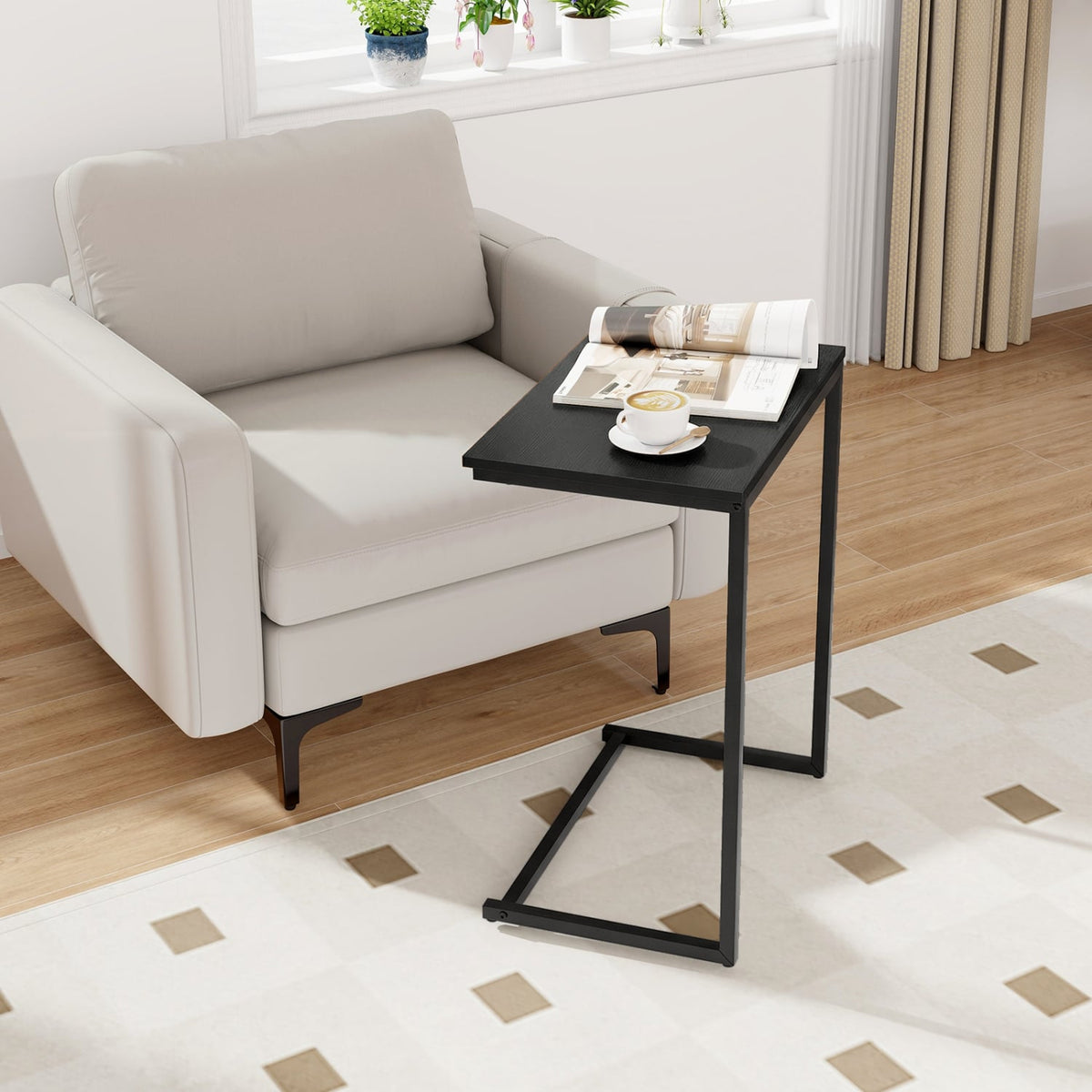 C-Shaped Side Table Sofa Snack End Table with Metal Frame-Black-End & Side Tables-DECOROLALA