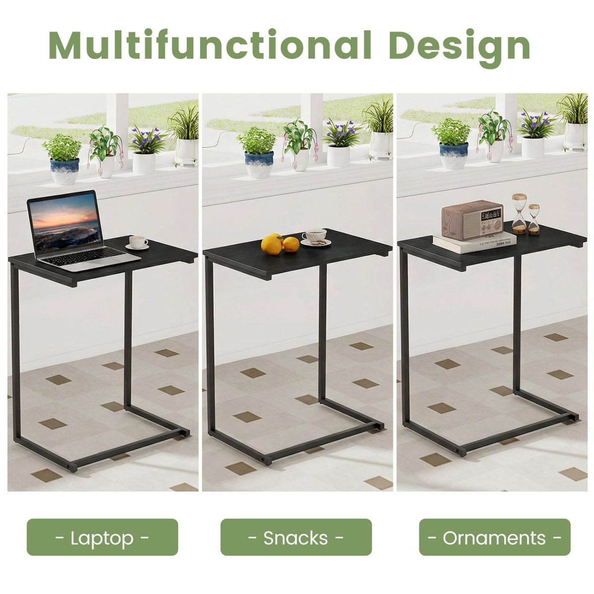 C-Shaped Side Table Sofa Snack End Table with Metal Frame-Black-End & Side Tables-DECOROLALA