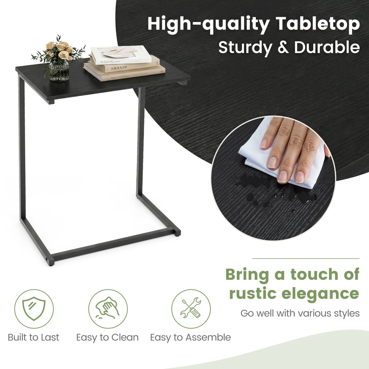 C-Shaped Side Table Sofa Snack End Table with Metal Frame-Black-End & Side Tables-DECOROLALA