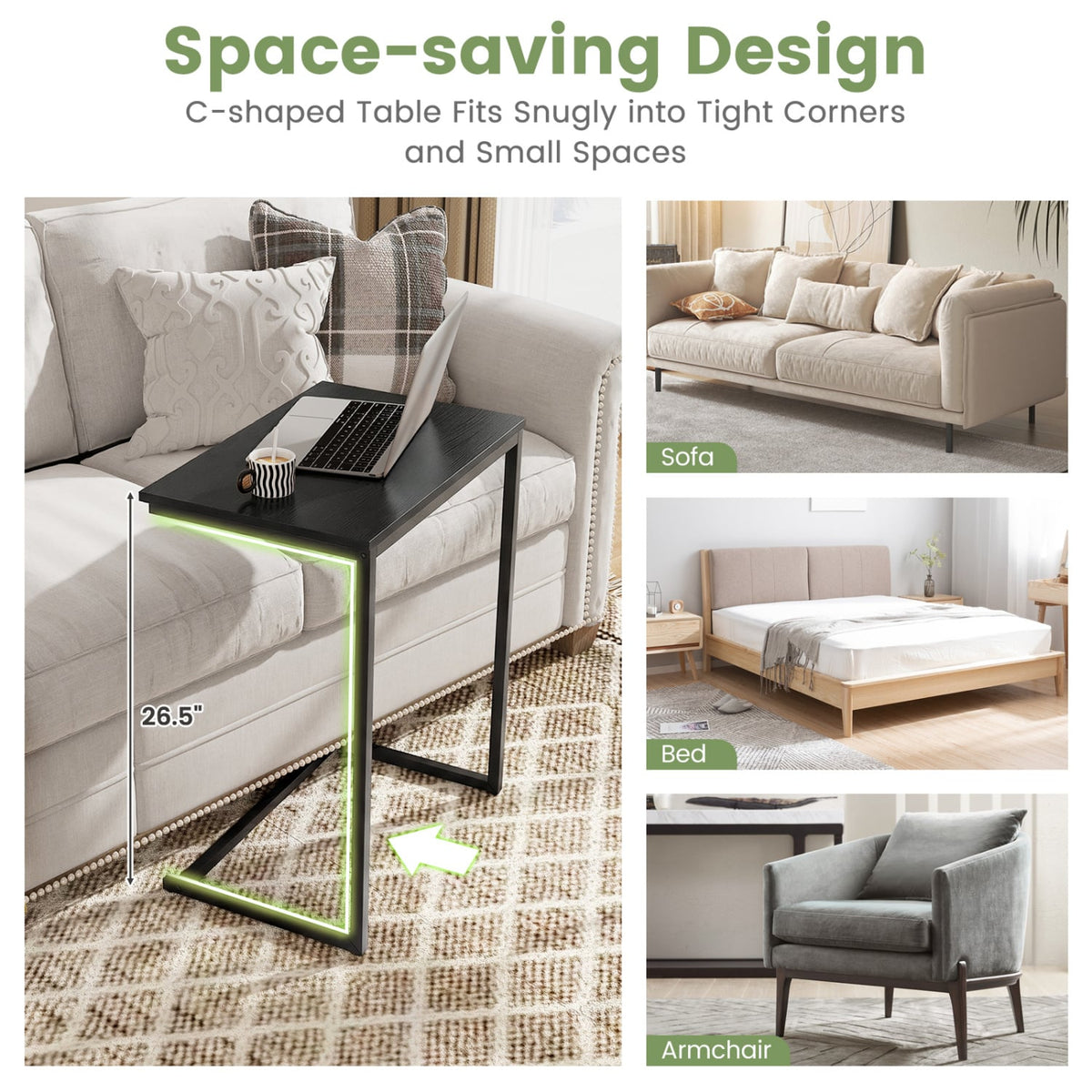 C-Shaped Side Table Sofa Snack End Table with Metal Frame-Black-End & Side Tables-DECOROLALA