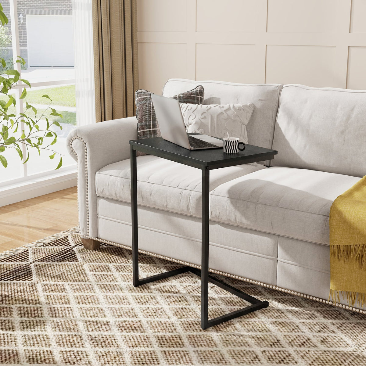 C-Shaped Side Table Sofa Snack End Table with Metal Frame-Black-End & Side Tables-DECOROLALA