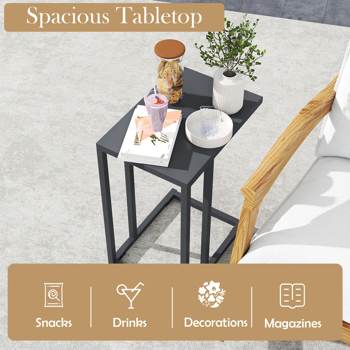 C-Shaped Side Table with Adjustable Foot Pads for Living Room Bedroom-Dark Gray-End & Side Tables-DECOROLALA