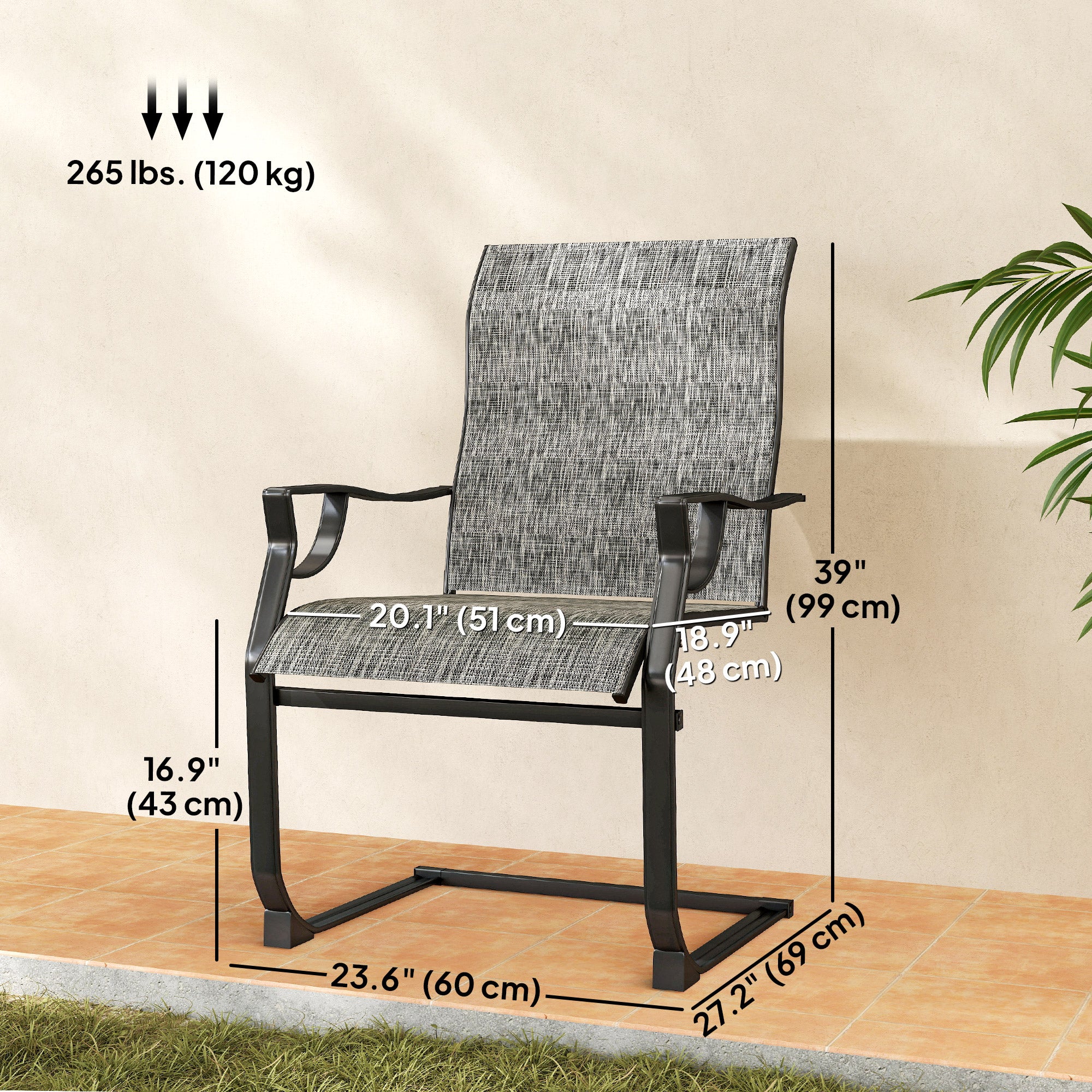 C Spring Motion Patio Chairs Set of 2 with Curved High Backrest, Armrest, All Weather Breathable Fabric, Metal Frame-DECOROLALA