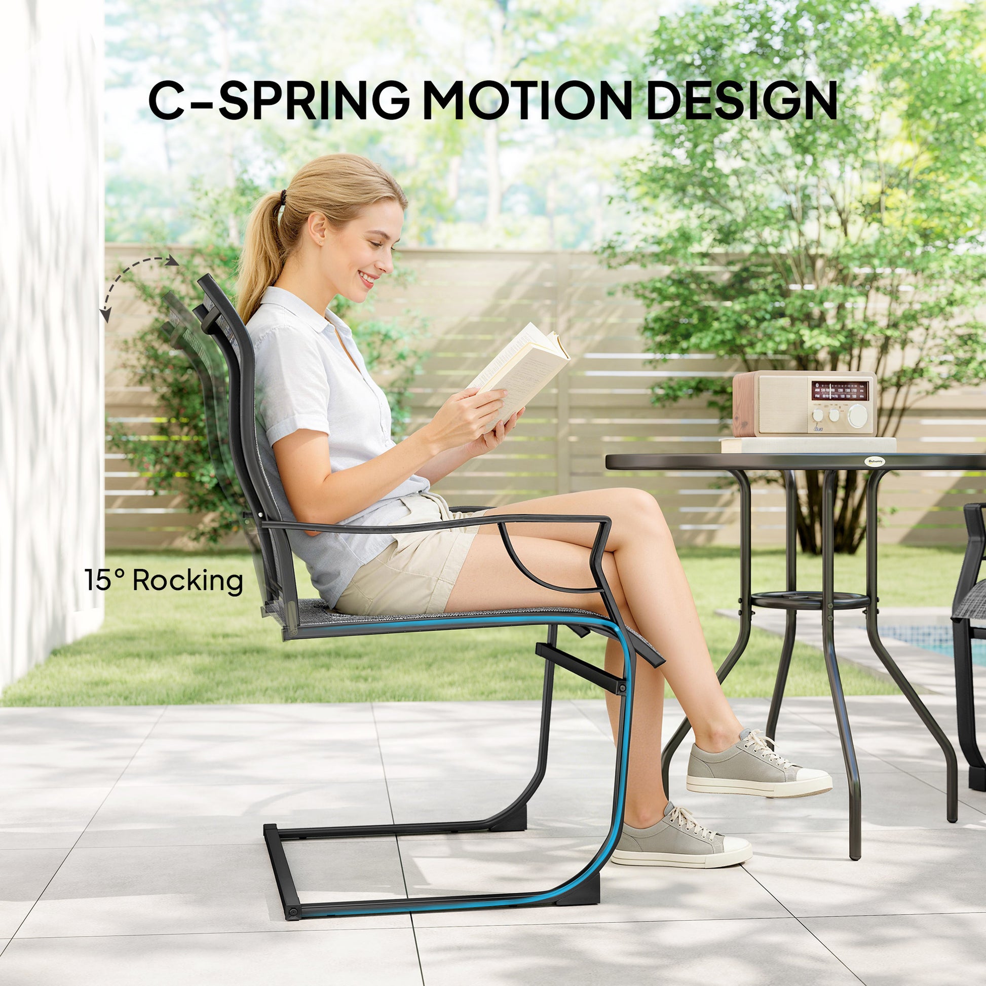C Spring Motion Patio Chairs Set of 2 with Curved High Backrest, Armrest, All Weather Breathable Fabric, Metal Frame-DECOROLALA