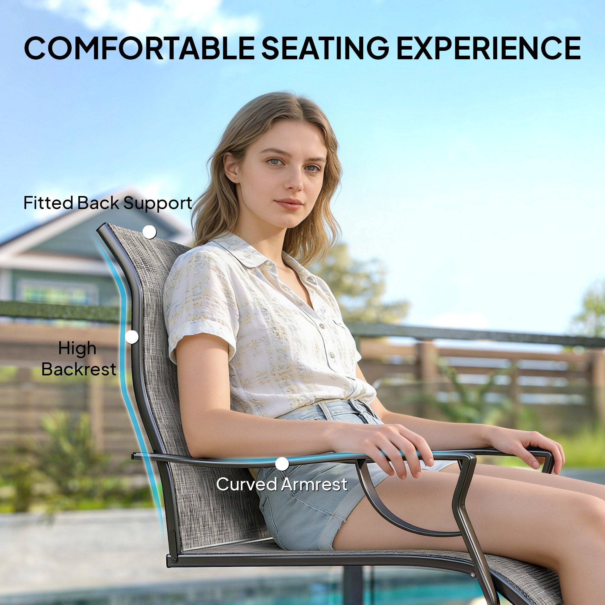 C Spring Motion Patio Chairs Set of 2 with Curved High Backrest, Armrest, All Weather Breathable Fabric, Metal Frame-DECOROLALA