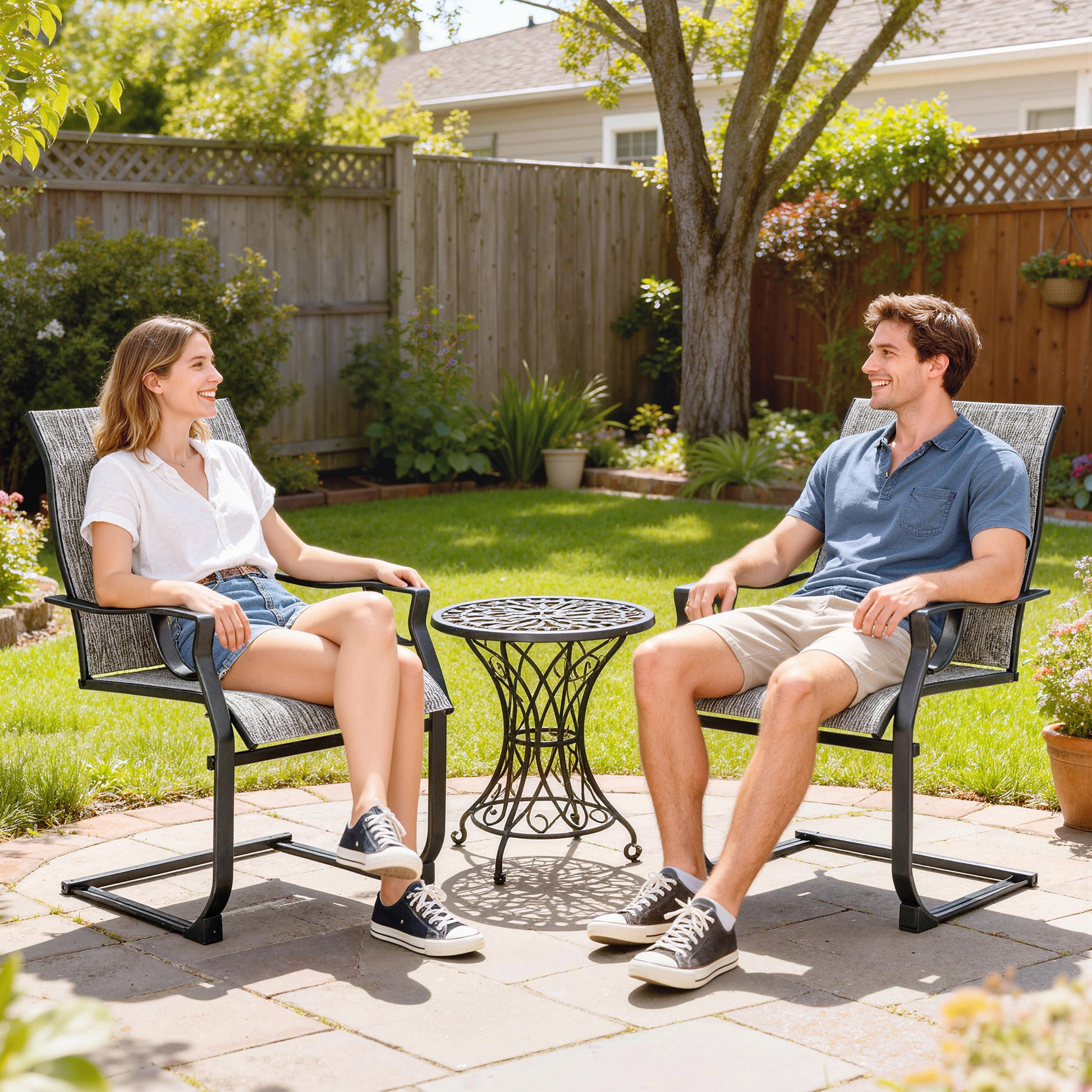 C Spring Motion Patio Chairs Set of 2 with Curved High Backrest, Armrest, All Weather Breathable Fabric, Metal Frame-DECOROLALA