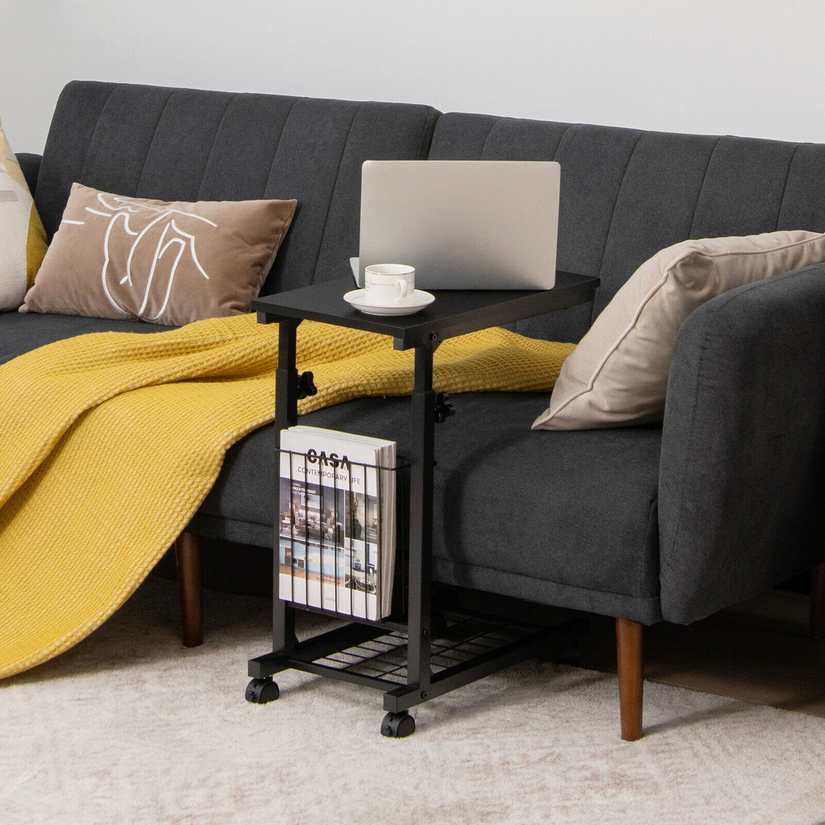C-shape Sofa Side Table with Storage Basket-Black-End & Side Tables-DECOROLALA
