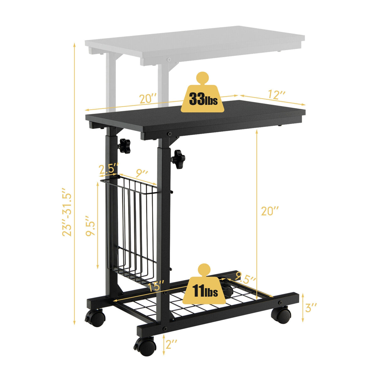 C-shape Sofa Side Table with Storage Basket-Black-End & Side Tables-DECOROLALA