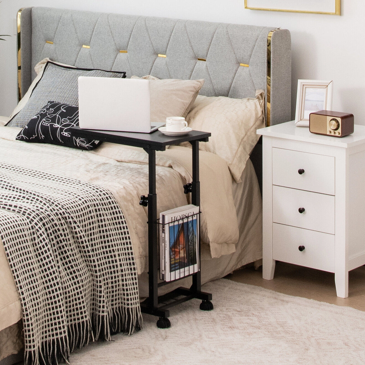 C-shape Sofa Side Table with Storage Basket-Black-End & Side Tables-DECOROLALA