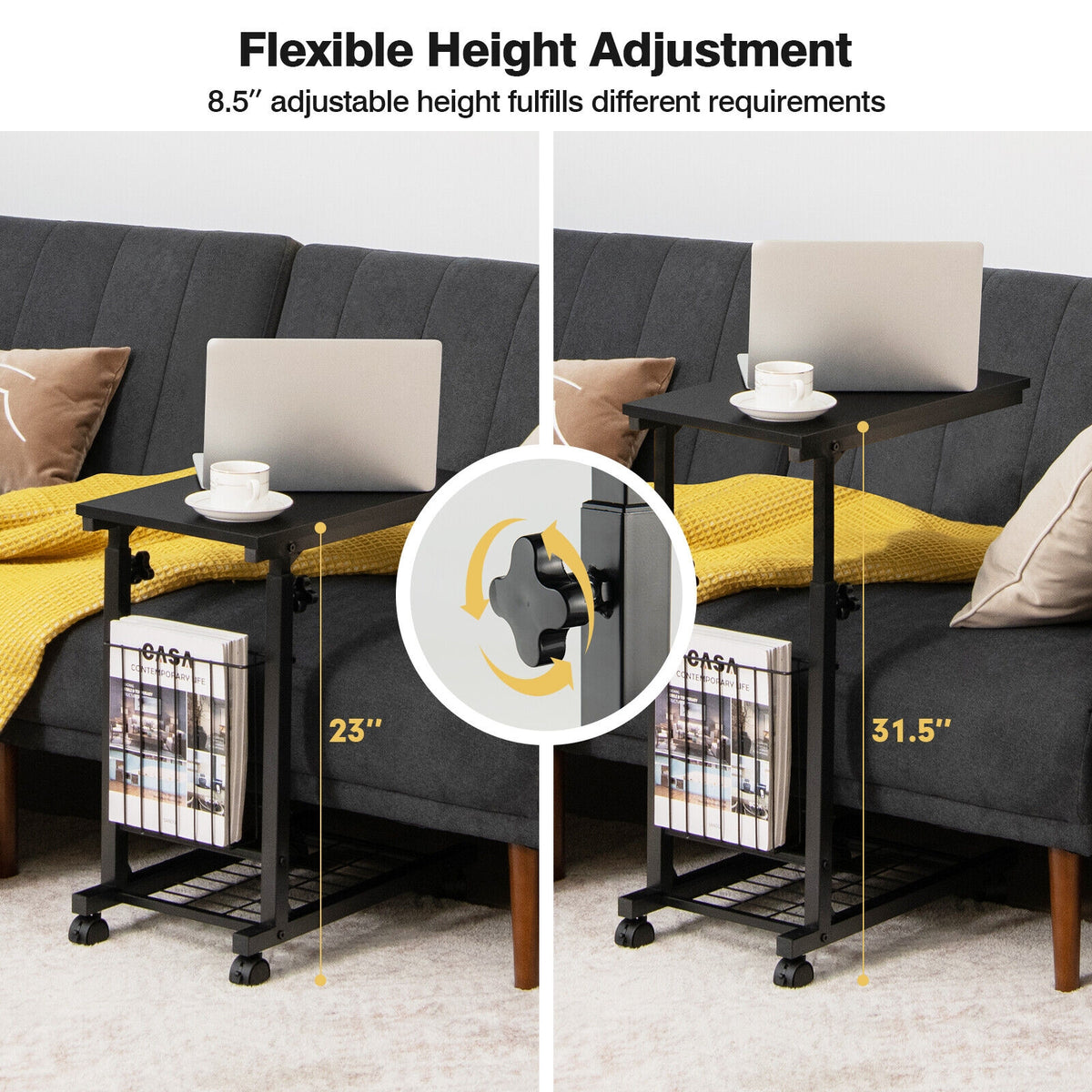 C-shape Sofa Side Table with Storage Basket-Black-End & Side Tables-DECOROLALA