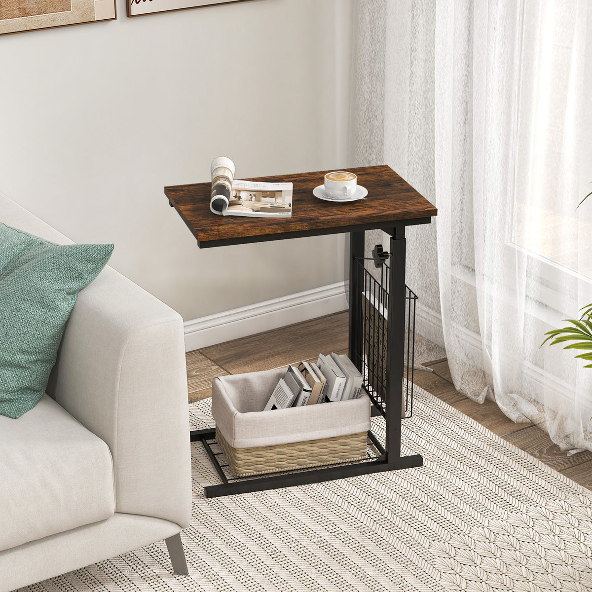 C-shape Sofa Side Table with Storage Basket-Rustic Brown-End & Side Tables-DECOROLALA