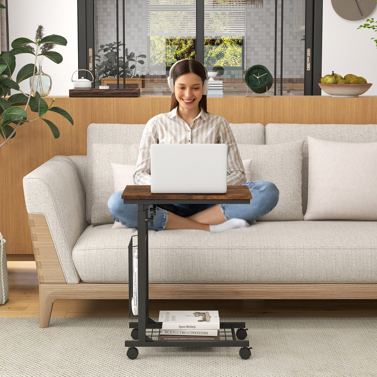 C-shape Sofa Side Table with Storage Basket-Rustic Brown-End & Side Tables-DECOROLALA