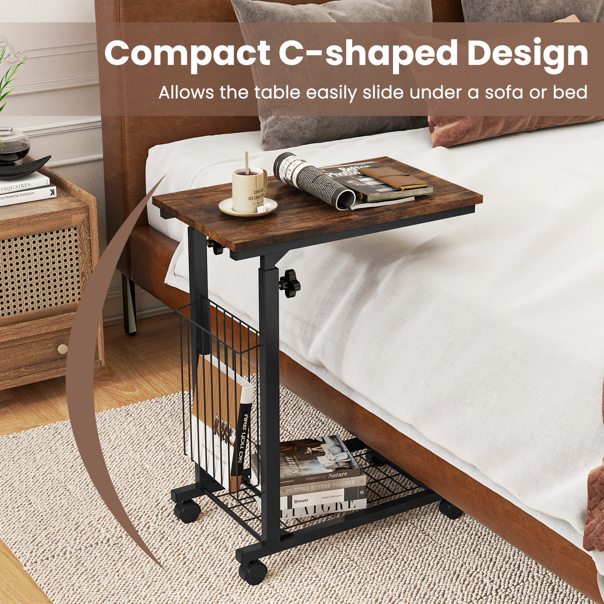 C-shape Sofa Side Table with Storage Basket-Rustic Brown-End & Side Tables-DECOROLALA