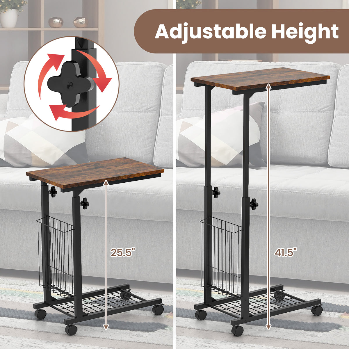 C-shape Sofa Side Table with Storage Basket-Rustic Brown-End & Side Tables-DECOROLALA