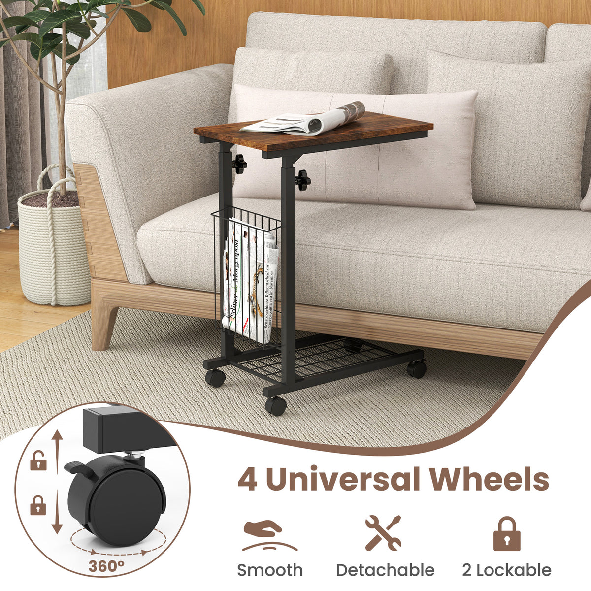 C-shape Sofa Side Table with Storage Basket-Rustic Brown-End & Side Tables-DECOROLALA