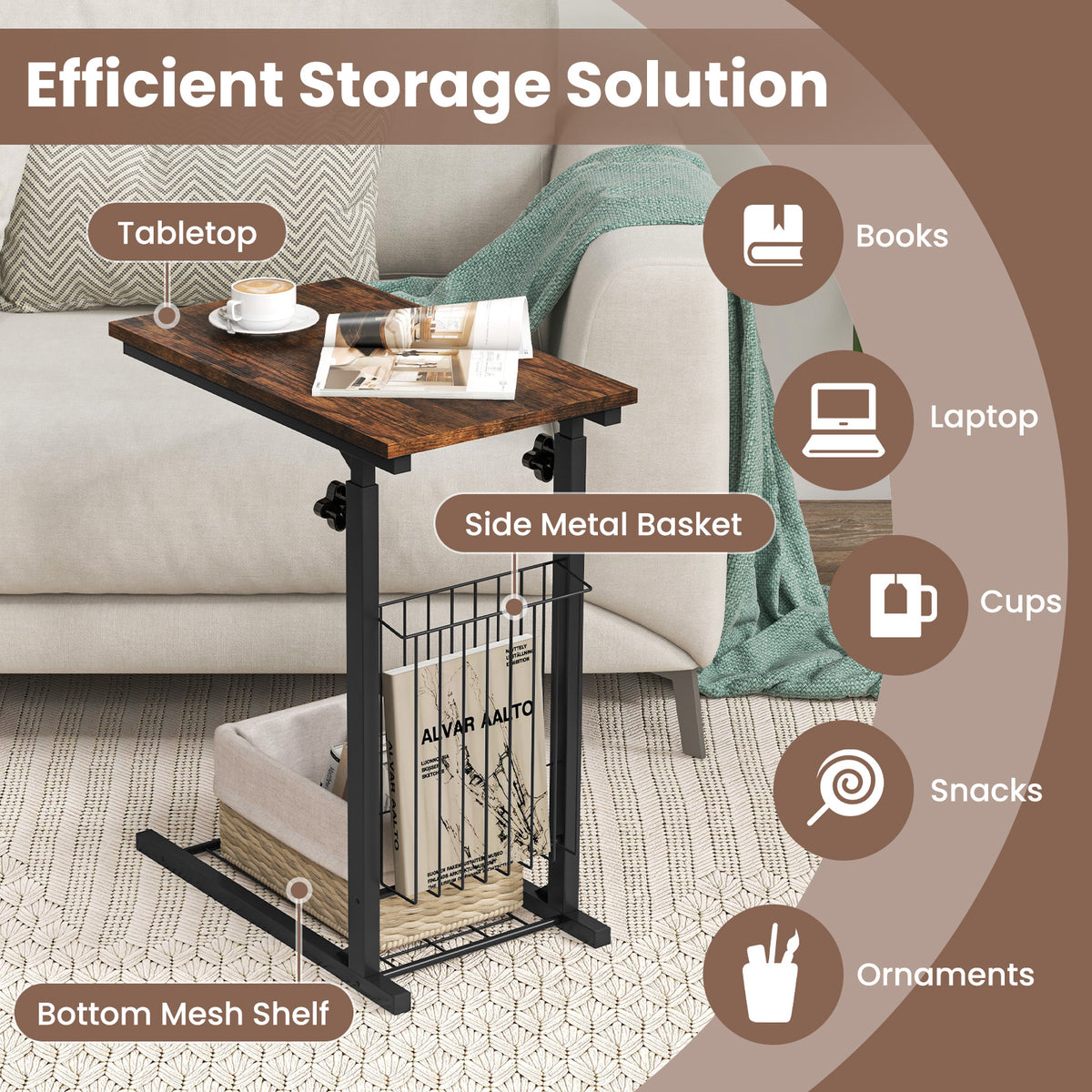 C-shape Sofa Side Table with Storage Basket-Rustic Brown-End & Side Tables-DECOROLALA