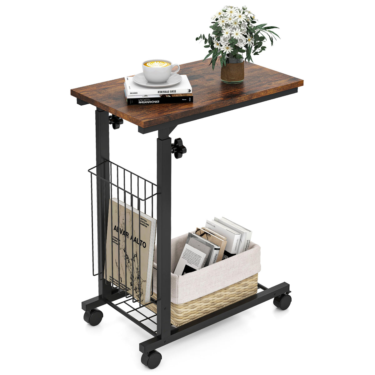 C-shape Sofa Side Table with Storage Basket-Rustic Brown-End & Side Tables-DECOROLALA