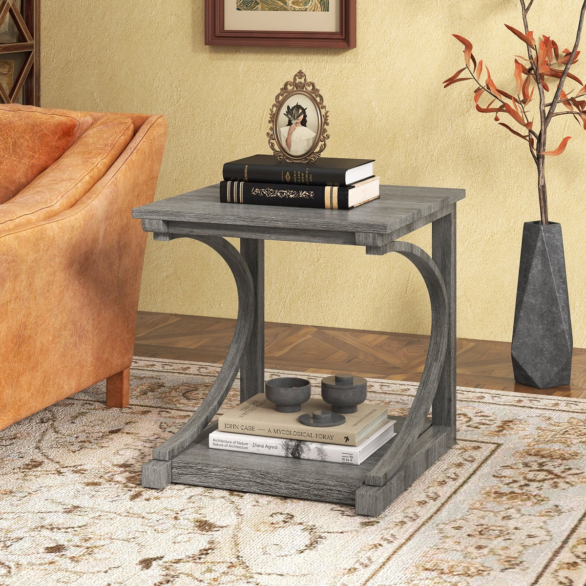 C-shaped 24 Inch 2 Tier Square End Table Sofa Side Table-Grey-End & Side Tables-DECOROLALA