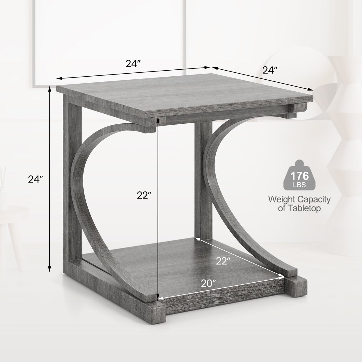 C-shaped 24 Inch 2 Tier Square End Table Sofa Side Table-Grey-End & Side Tables-DECOROLALA