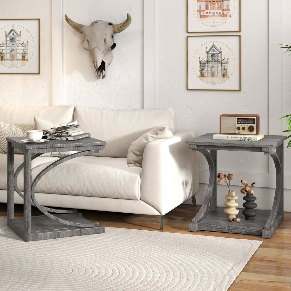 C-shaped 24 Inch 2 Tier Square End Table Sofa Side Table-Grey-End & Side Tables-DECOROLALA