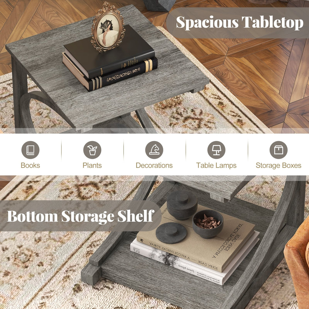 C-shaped 24 Inch 2 Tier Square End Table Sofa Side Table-Grey-End & Side Tables-DECOROLALA