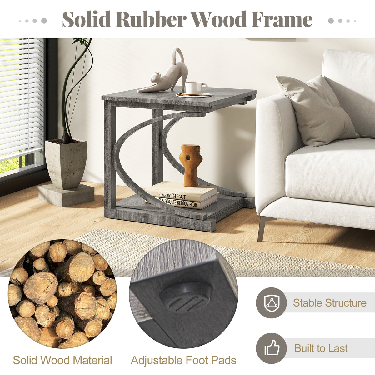 C-shaped 24 Inch 2 Tier Square End Table Sofa Side Table-Grey-End & Side Tables-DECOROLALA