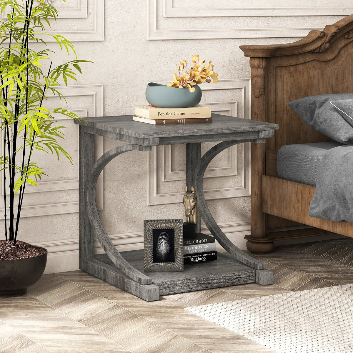 C-shaped 24 Inch 2 Tier Square End Table Sofa Side Table-Grey-End & Side Tables-DECOROLALA