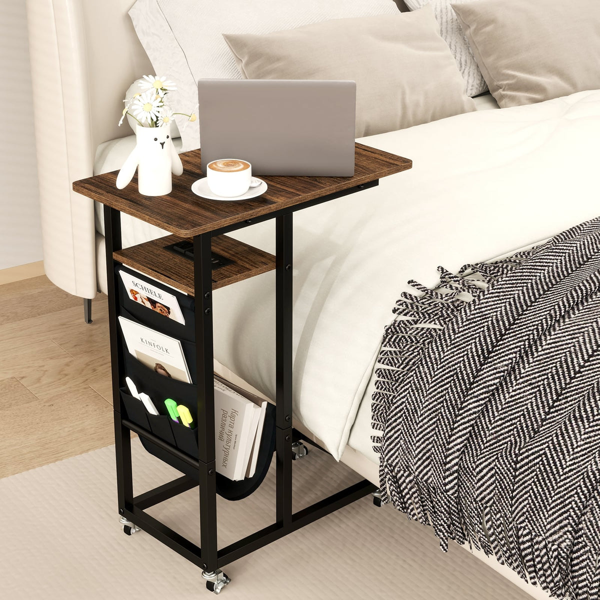 C-shaped End Table with Charging Station and Retractable Tabletop-Coffee-End & Side Tables-DECOROLALA