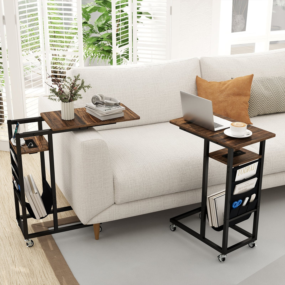 C-shaped End Table with Charging Station and Retractable Tabletop-Coffee-End & Side Tables-DECOROLALA