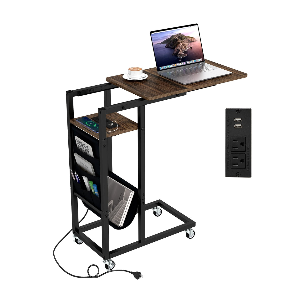 C-shaped End Table with Charging Station and Retractable Tabletop-Coffee-End & Side Tables-DECOROLALA
