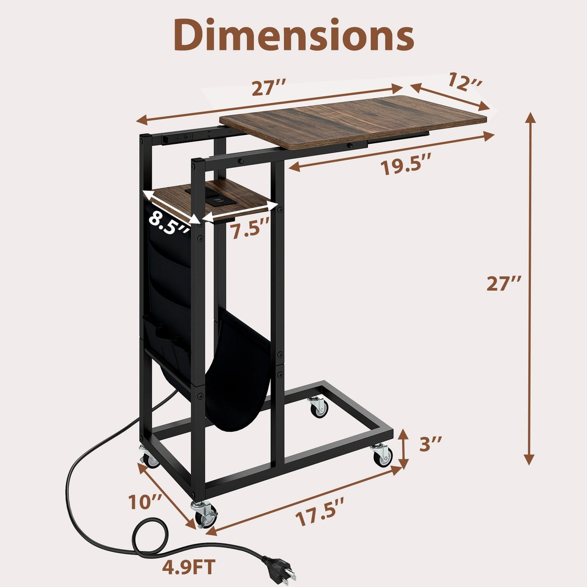 C-shaped End Table with Charging Station and Retractable Tabletop-Coffee-End & Side Tables-DECOROLALA