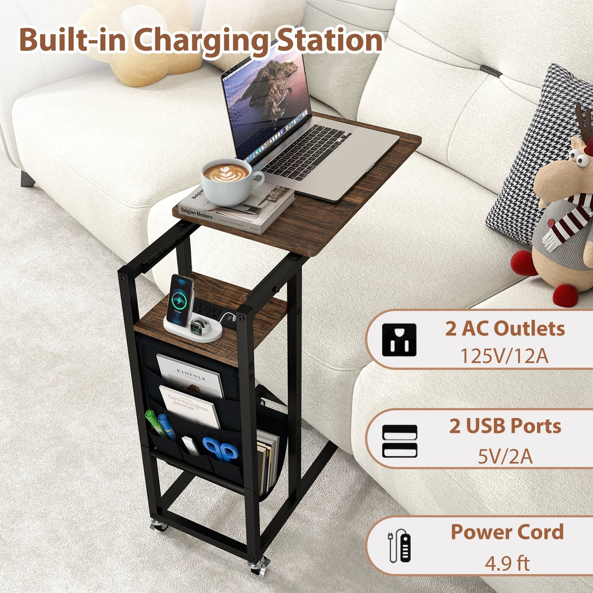 C-shaped End Table with Charging Station and Retractable Tabletop-Coffee-End & Side Tables-DECOROLALA