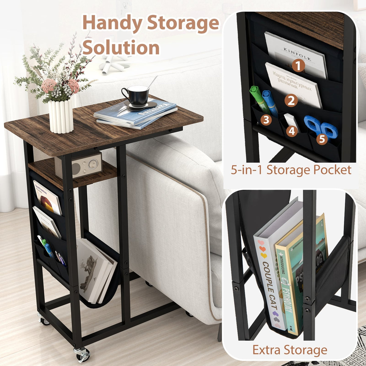 C-shaped End Table with Charging Station and Retractable Tabletop-Coffee-End & Side Tables-DECOROLALA