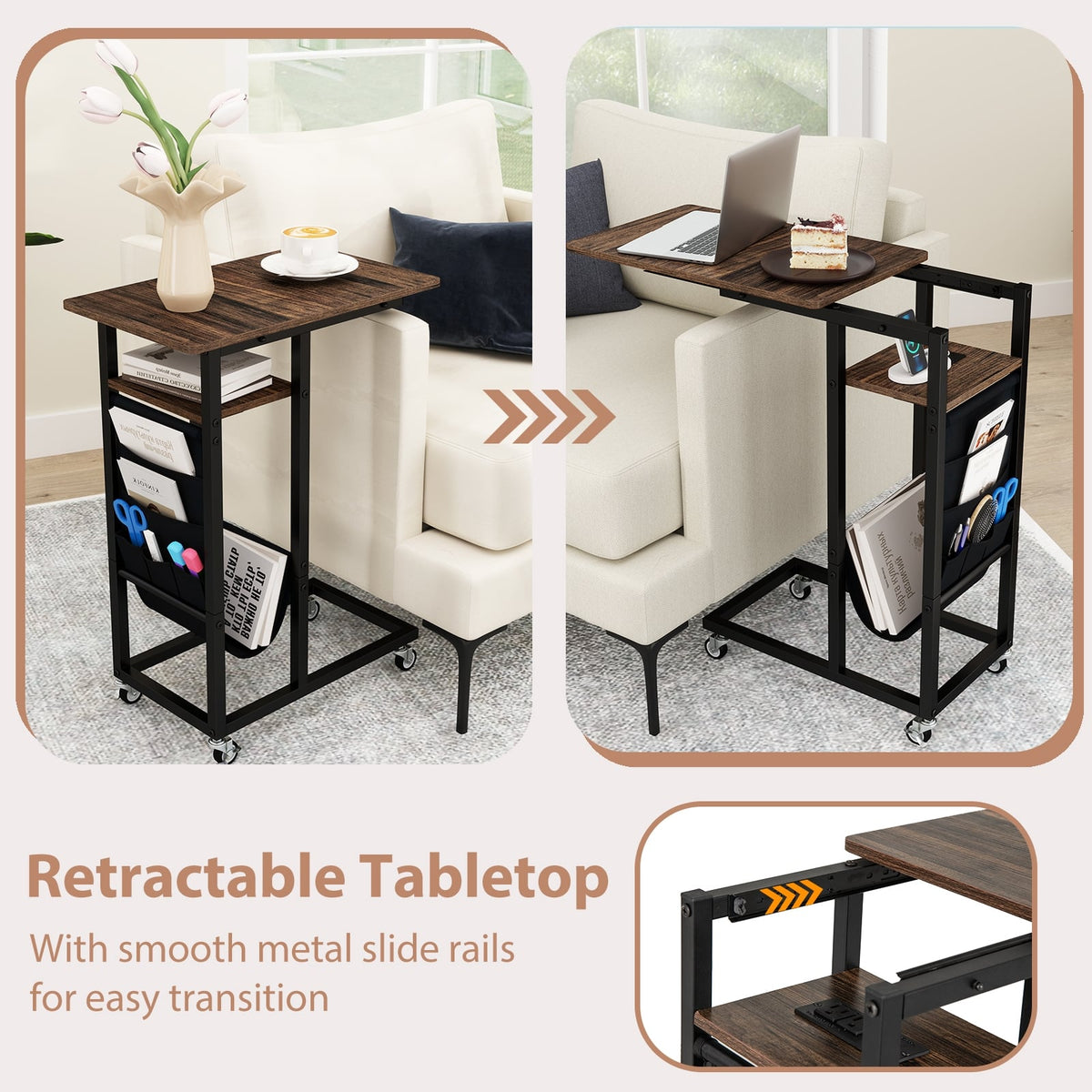 C-shaped End Table with Charging Station and Retractable Tabletop-Coffee-End & Side Tables-DECOROLALA