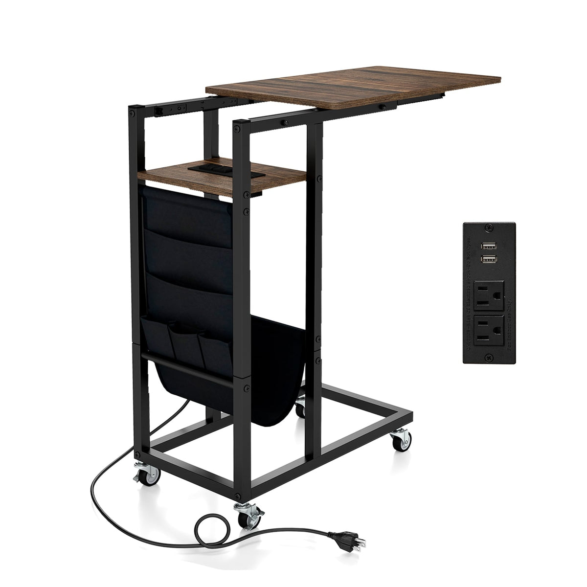 C-shaped End Table with Charging Station and Retractable Tabletop-Coffee-End & Side Tables-DECOROLALA