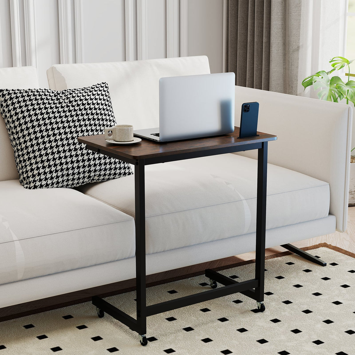 C-shaped End Table with Wheels Mobile Bedside Table with Built-in Phone Slot-Rustic Brown-End & Side Tables-DECOROLALA