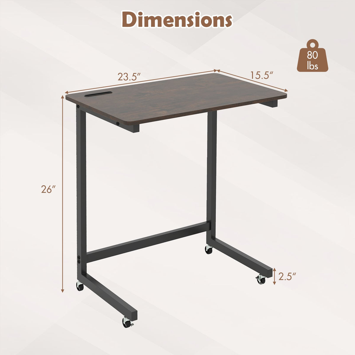C-shaped End Table with Wheels Mobile Bedside Table with Built-in Phone Slot-Rustic Brown-End & Side Tables-DECOROLALA