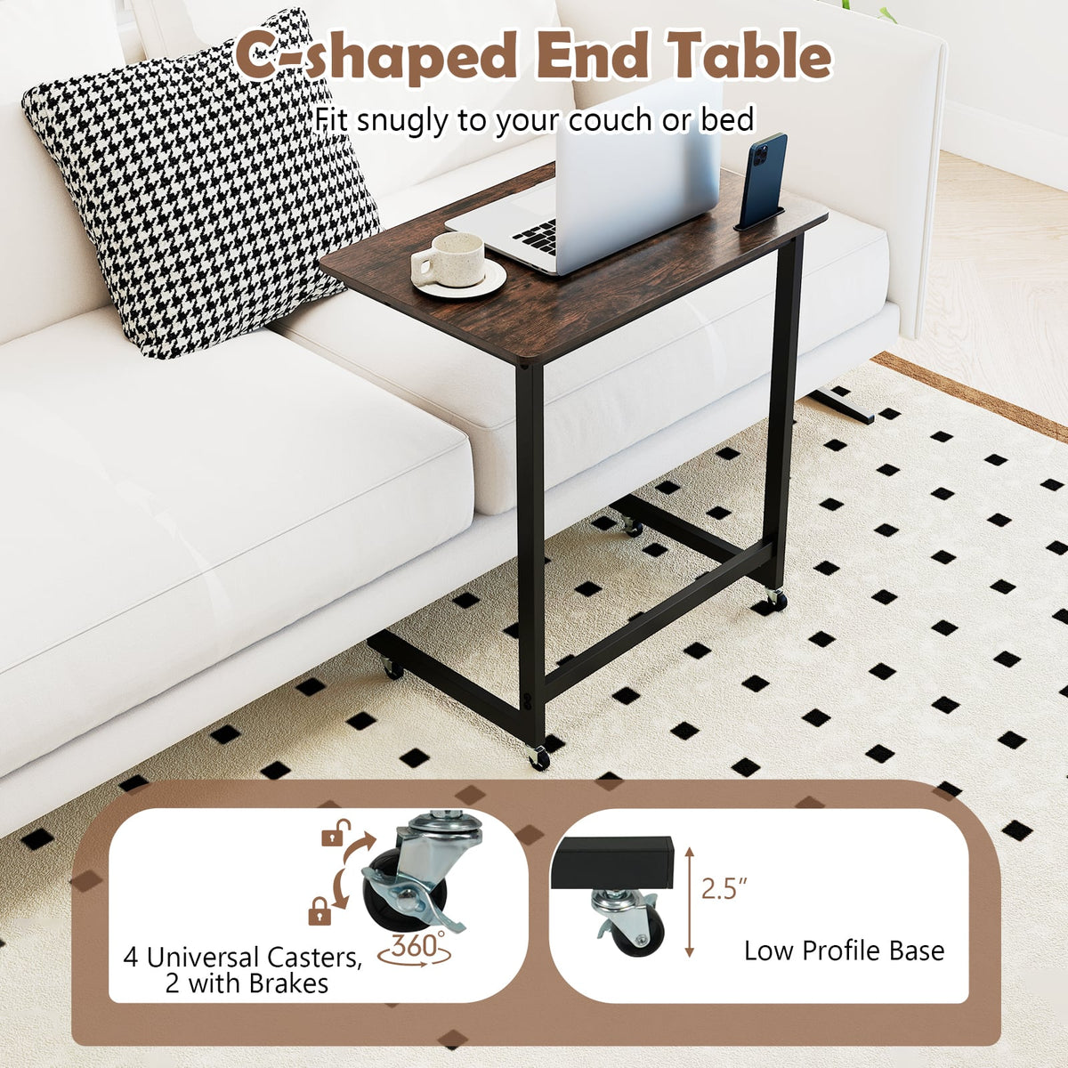 C-shaped End Table with Wheels Mobile Bedside Table with Built-in Phone Slot-Rustic Brown-End & Side Tables-DECOROLALA