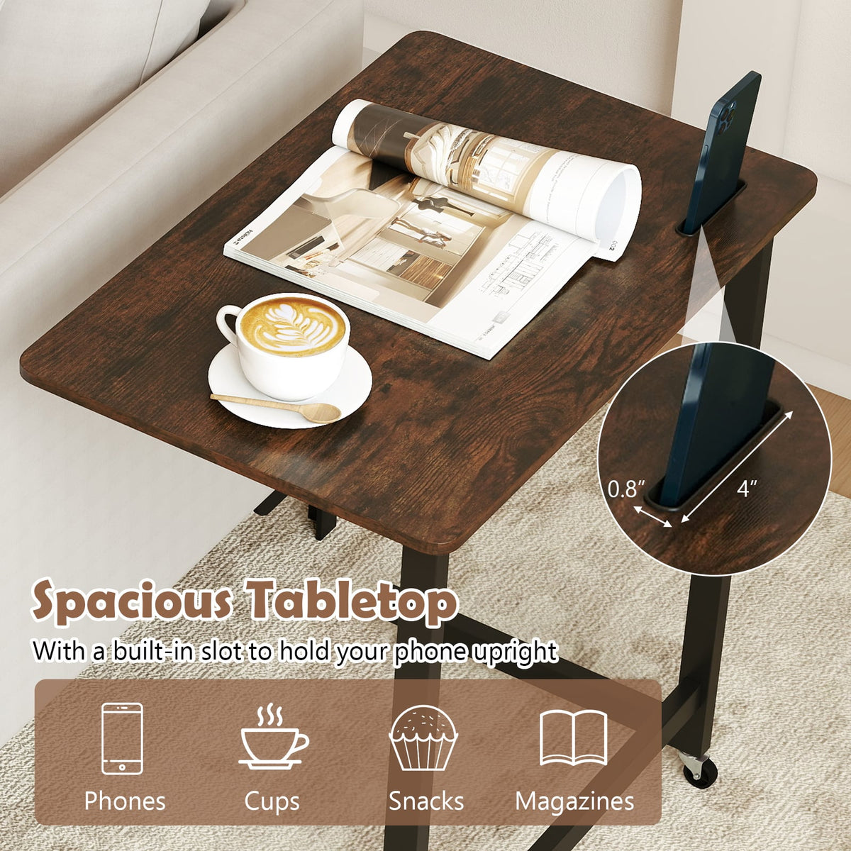 C-shaped End Table with Wheels Mobile Bedside Table with Built-in Phone Slot-Rustic Brown-End & Side Tables-DECOROLALA