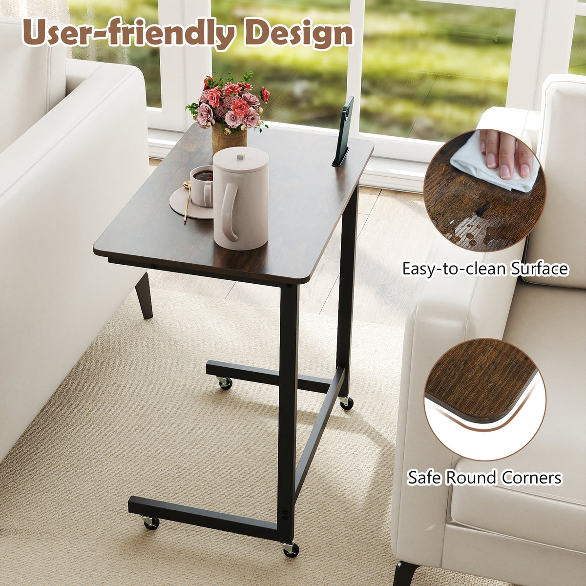 C-shaped End Table with Wheels Mobile Bedside Table with Built-in Phone Slot-Rustic Brown-End & Side Tables-DECOROLALA