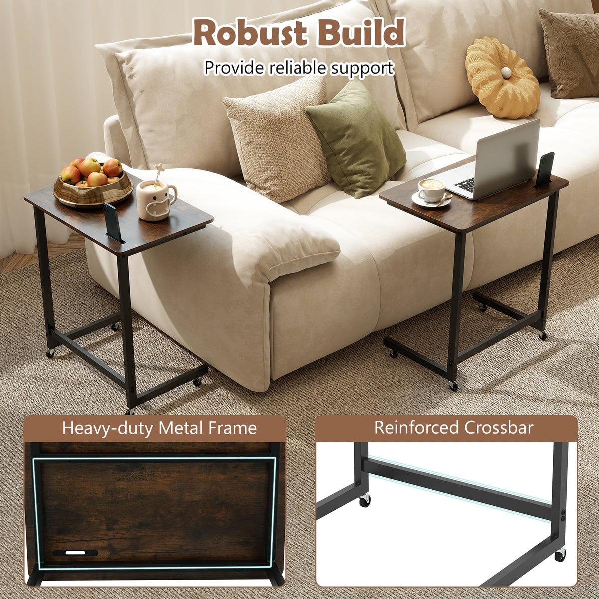 C-shaped End Table with Wheels Mobile Bedside Table with Built-in Phone Slot-Rustic Brown-End & Side Tables-DECOROLALA