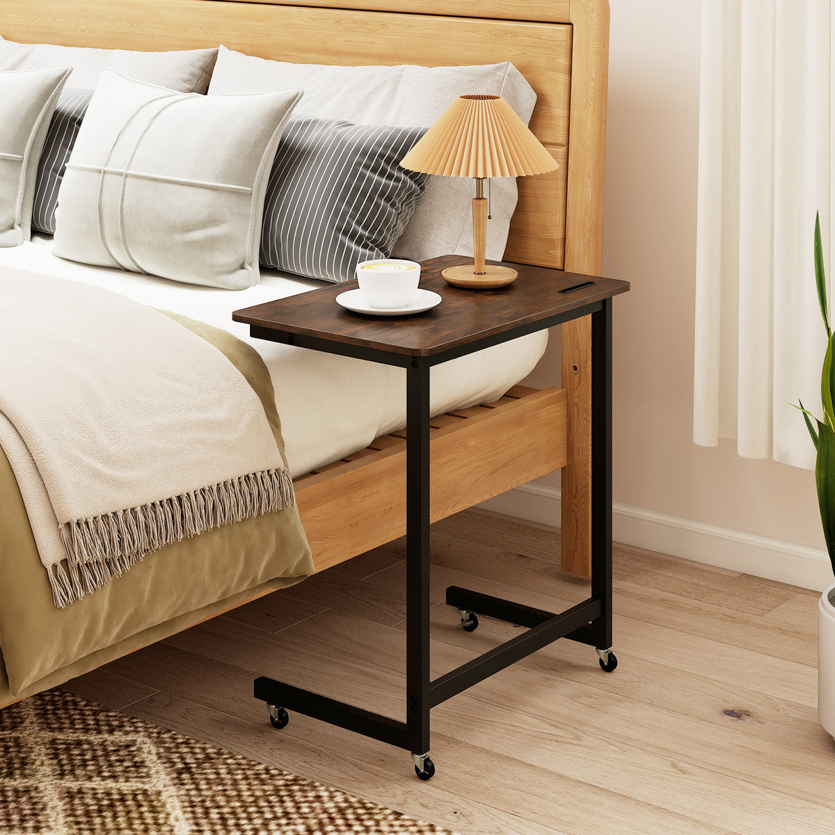C-shaped End Table with Wheels Mobile Bedside Table with Built-in Phone Slot-Rustic Brown-End & Side Tables-DECOROLALA